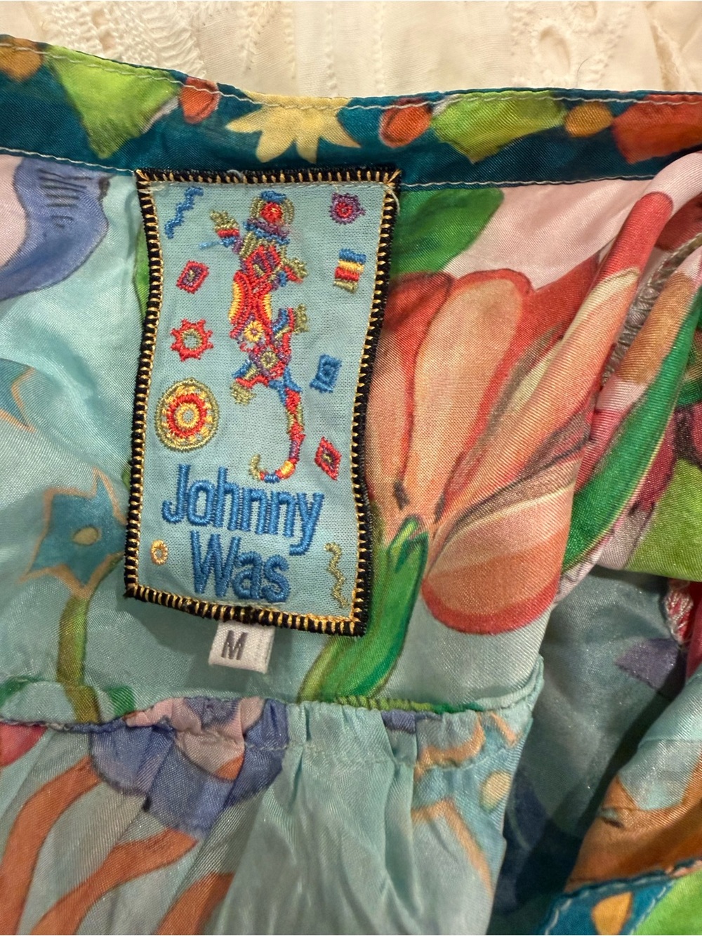 Johnny Was Multicolor Sun & Floral Print Button Blouse — Sky Blue Base - Picture 4 of 4